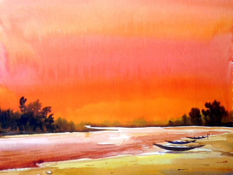 770x578 Sunset Village River Watercolor On Paper Painting Painting By - Watercolor Sunset