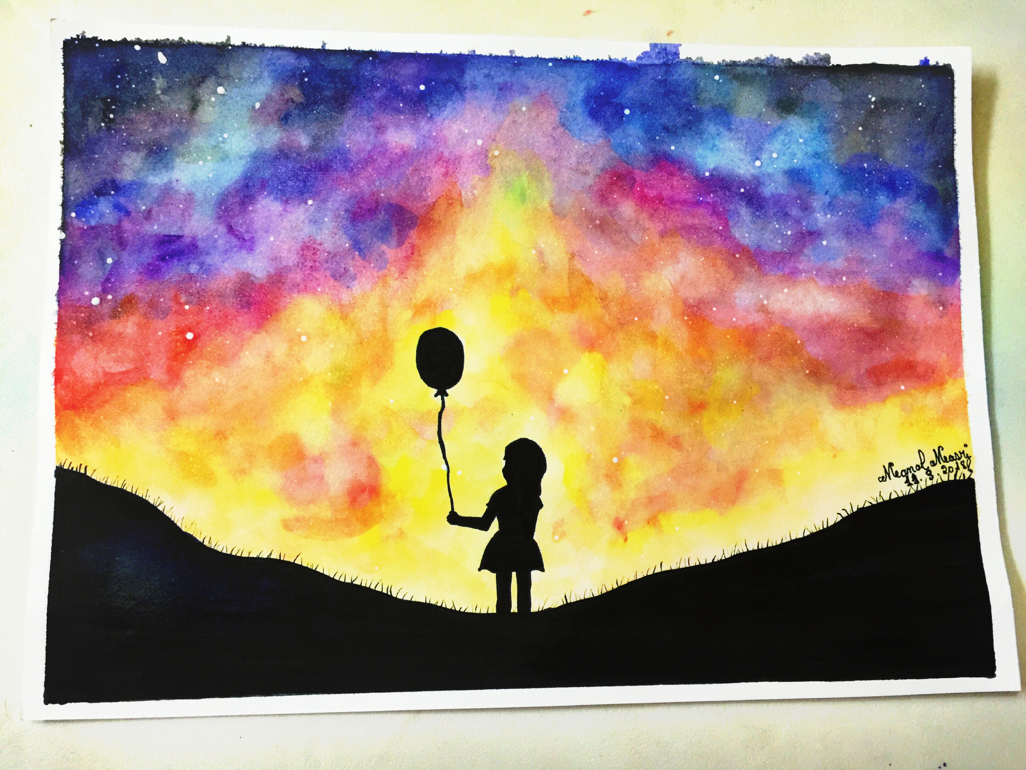3264x2448 Drawing Watercolor Sunset Girl Balloon Colorful Freetoe - Watercolor Sunset