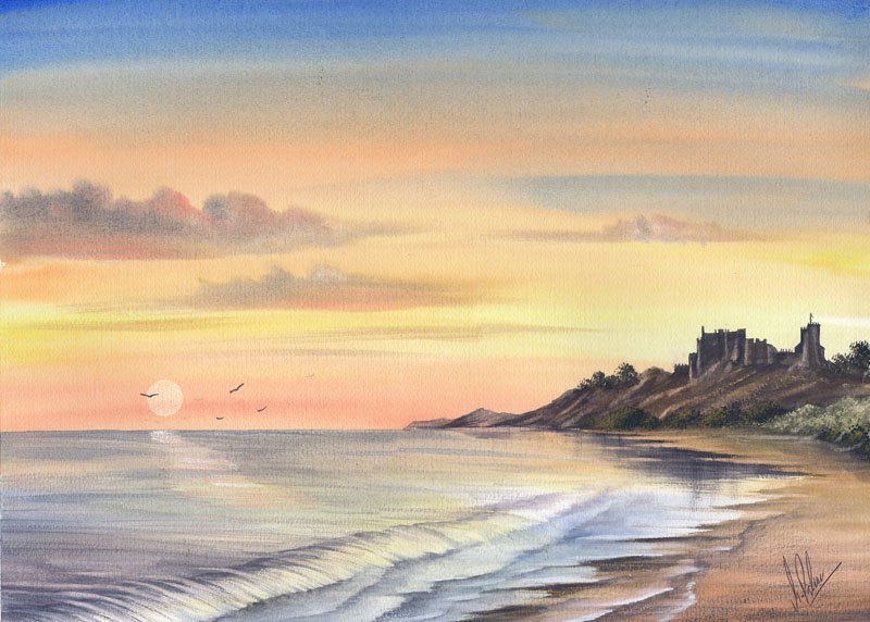 800x572 Bamborough Castle Landscape Sunset Watercolour Painting - Watercolor Sunset For Beginners