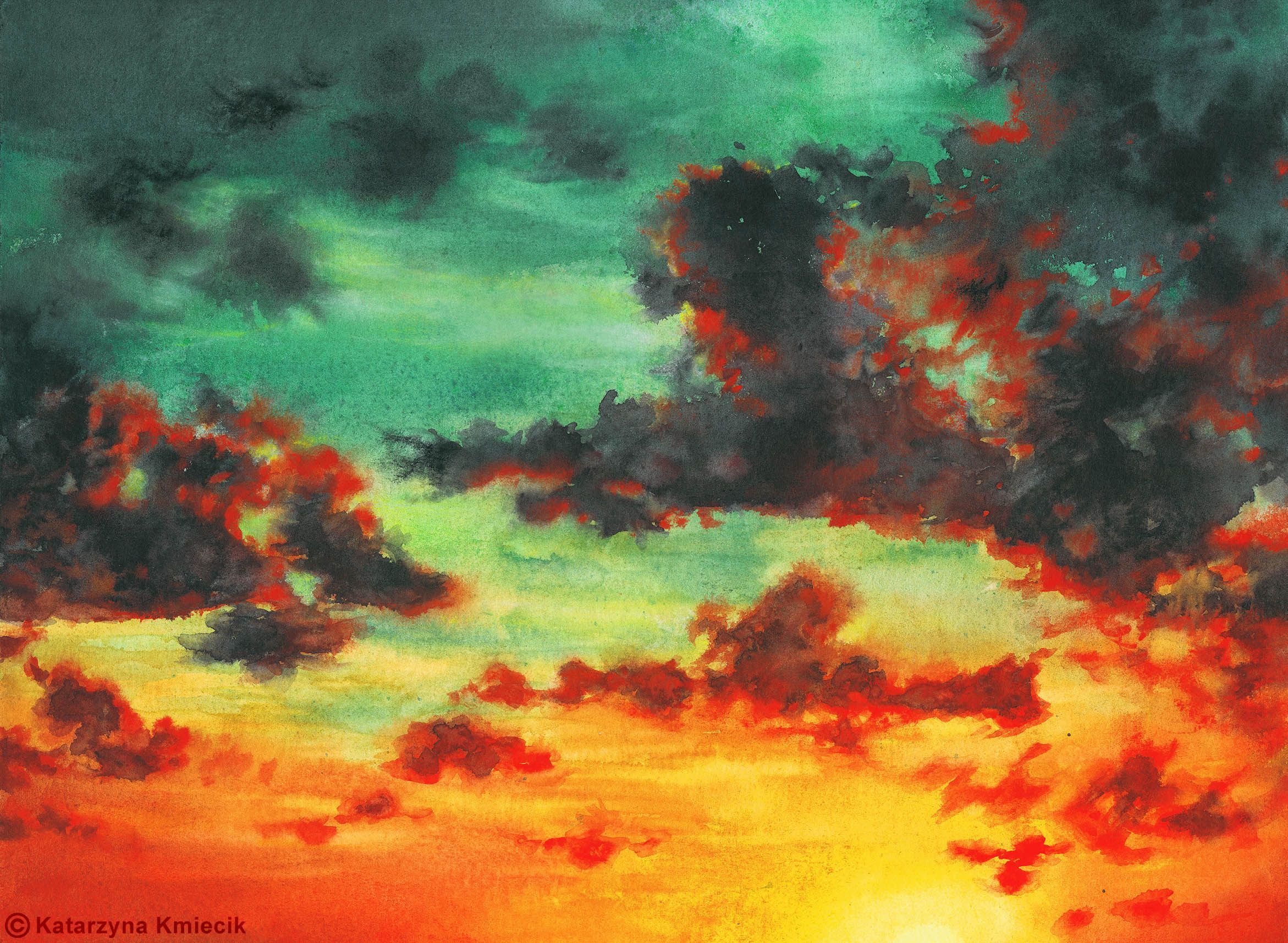 2342x1716 Vibrant Watercolor Painting Of The Colorful Sunset Sky, Titled - Watercolor Sunset Sky