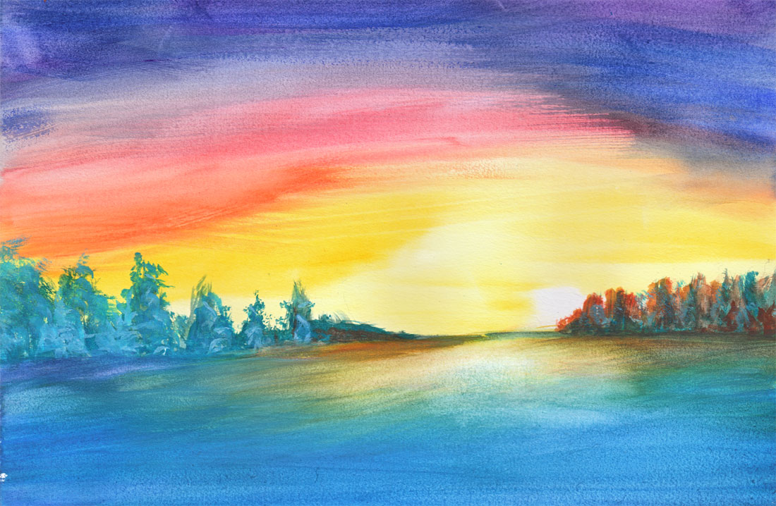 1100x718 Winter Snow Sunset With Majenta Sky, 11.5 X 17 Watercolor - Watercolor Sunset Sky