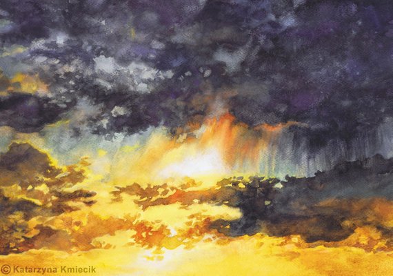 570x400 Watercolor Painting Of Sunset Sky Watercolor Art Yellow Etsy - Watercolor Sunset Sky