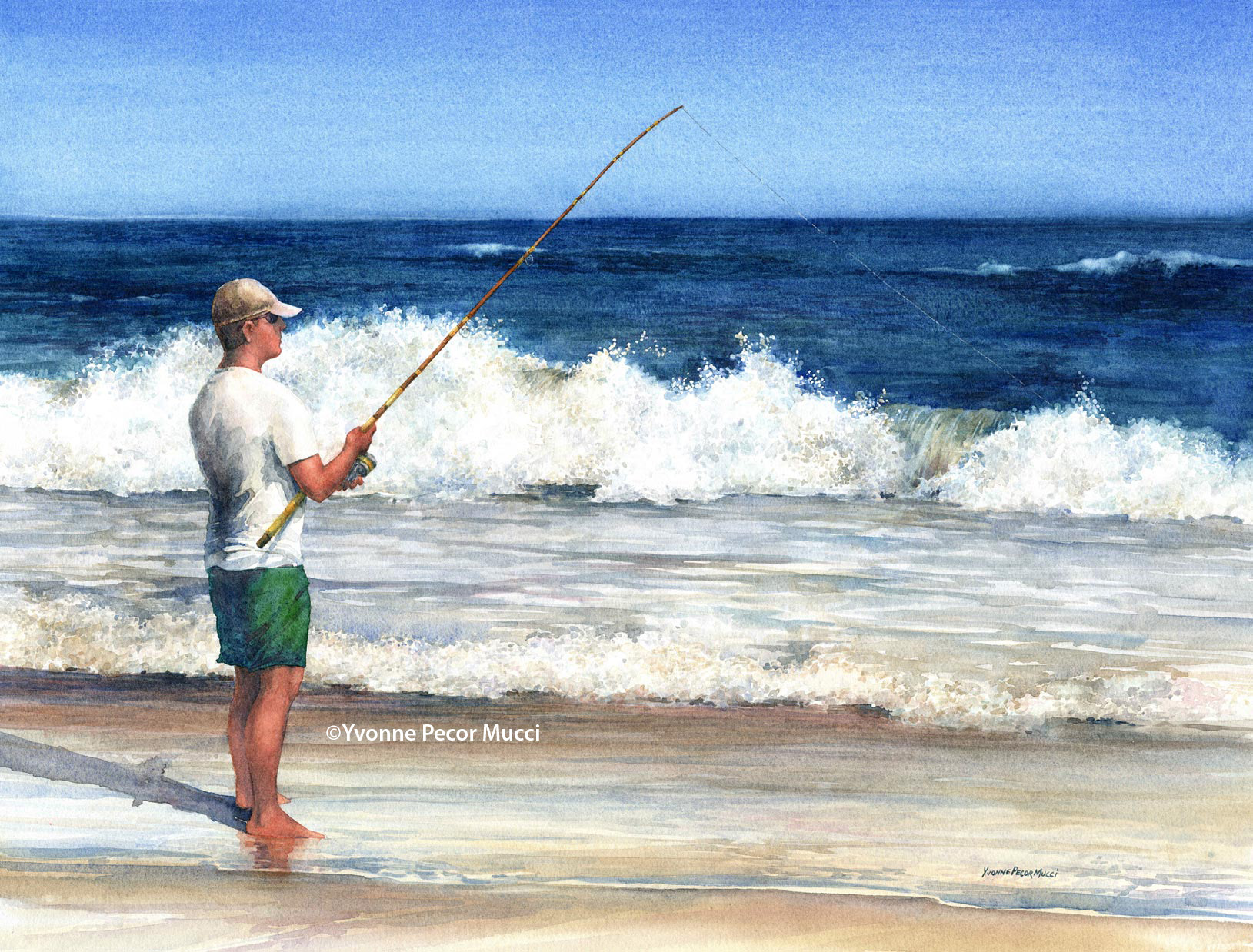 1629x1238 Surf Fishing Down The Shore Watercolor Yvonne Pecor Mucci - Watercolor Surf