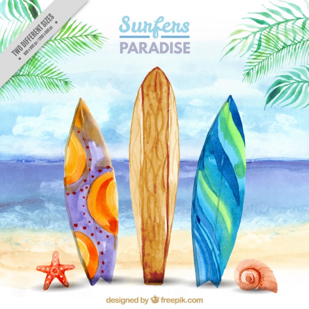 626x626 Surf Landscape On The Beach Background In Watercolor Effect Vector - Watercolor Surf