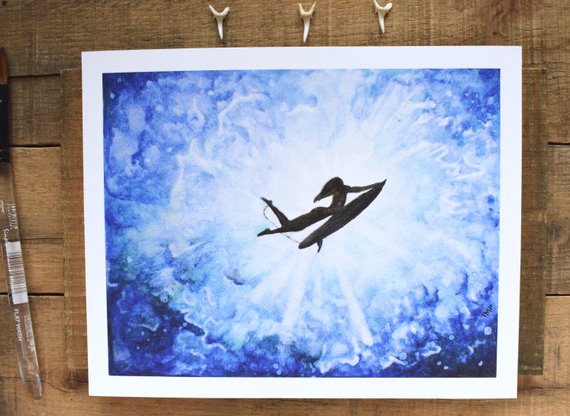 570x416 Surfer Silhouette Watercolor Surf Art Surfing Painting Etsy - Watercolor Surf