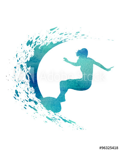 400x500 Blue Watercolor Surfer Surf Wave Illustration - Watercolor Surf