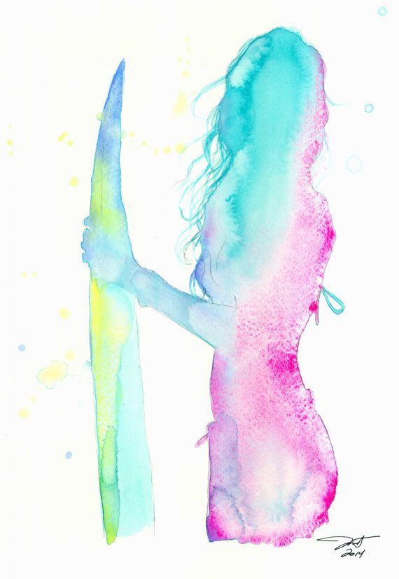 570x827 Fiji Surfer Girl, Print From Original Watercolor Fashion - Watercolor Surf