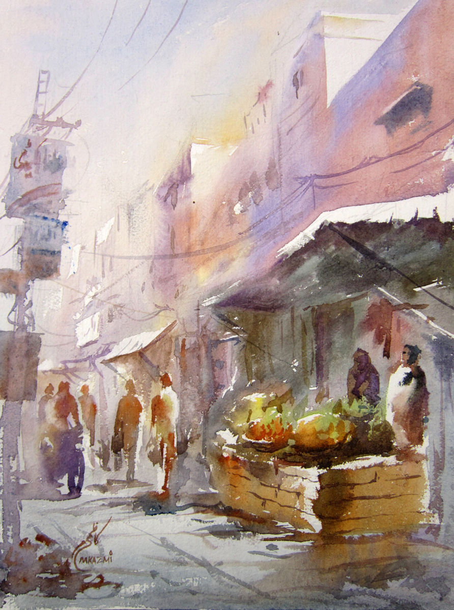892x1200 Fruit Market Watercolor Cityscape (M Kazmi) - Watercolor Surrealism
