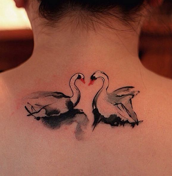 578x590 Black Watercolor Two Swan Tattoo On Upper Back By Chen Jie - Watercolor Swan Tattoo