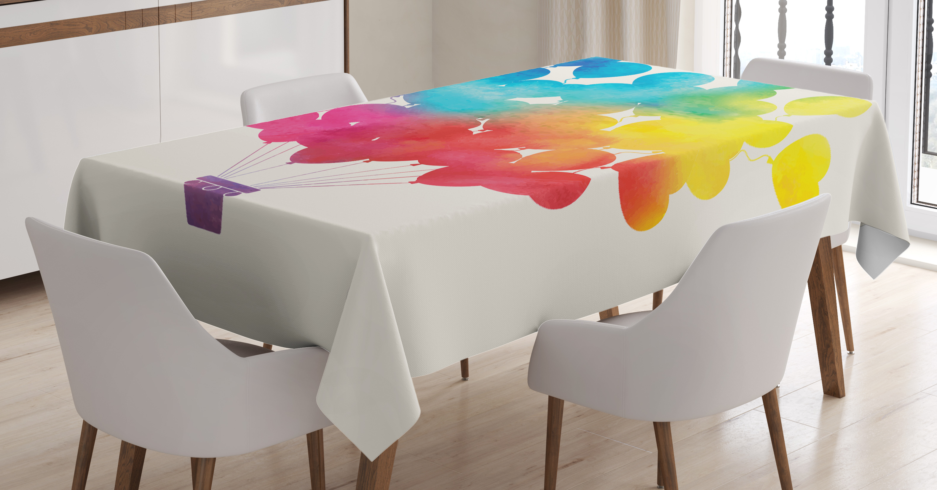 3161x1655 Watercolor Tablecloth, Hot Air Balloon Rainbow Colors Cute Heart - Watercolor Tablecloth