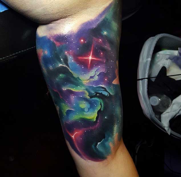 635x622 50 Earth Shattering Space Tattoos That Are Literally Out Of This - Watercolor Tattoo Galaxy