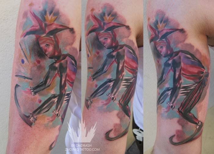 700x507 This Colorful Watercolor Tattoo Of A Jester Dancing By Ondrash Is - Watercolor Tattoo Painting