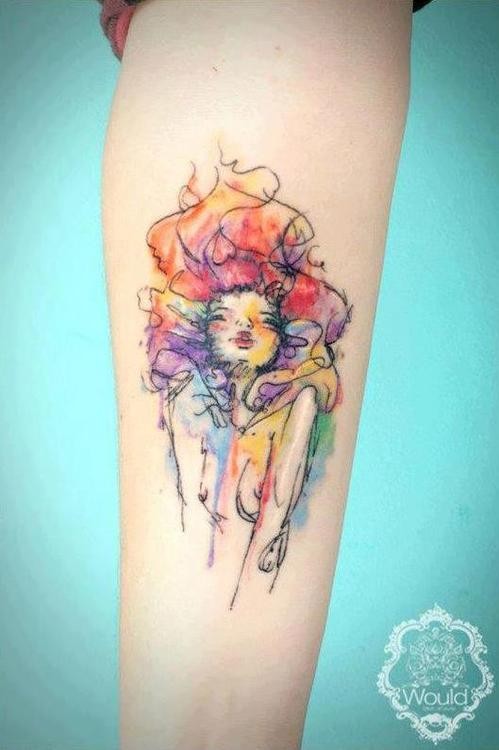 499x750 Fashion Girl Watercolor Tattoo On Inner Arm For Girls Search - Watercolor Tattoos For Women
