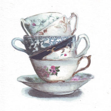 354x354 Original Watercolor Portrait Teacup From Helgamcl On Etsy - Watercolor Tea Cup