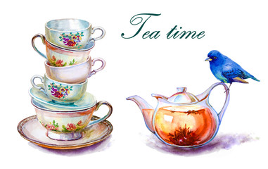 381x240 Party Colorful Tea Cups And Saucers Closeup. Sketch Handmade - Watercolor Tea Cup