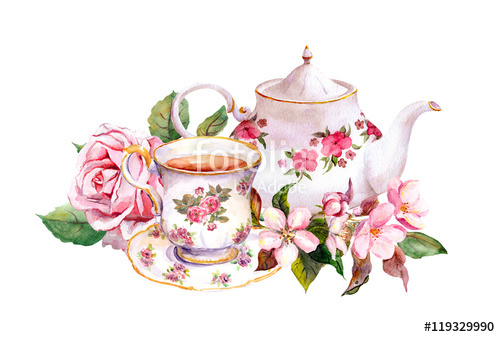 500x337 Teacup, Tea Pot With Flowers. Vintage Card. Watercolor Stock - Watercolor Teacup