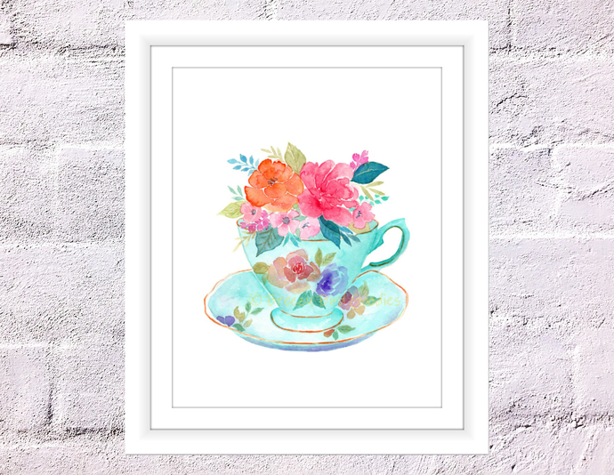 690x534 Teacup Print, Watercolor Teacup, By Breezy Bird Goodies On Zibbet - Watercolor Teacup