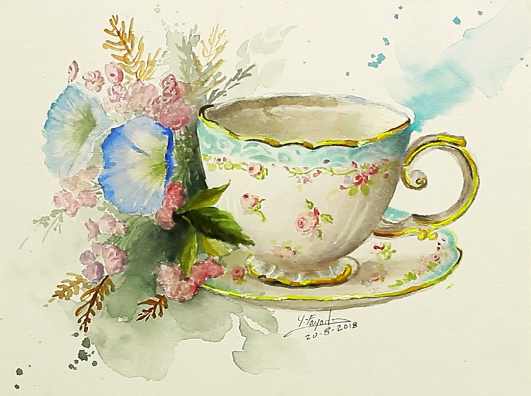 1041x775 Watercolor Painting Tea Cup With Flowers By Yasser Fayad Https - Watercolor Teacup