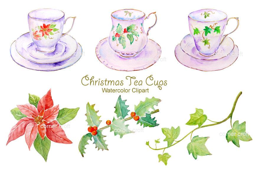 864x576 Watercolor Clipart, White Christmas Tea Cup Instant Download - Watercolor Teacup