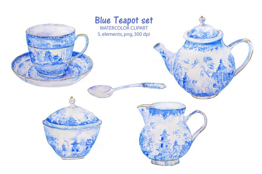 864x576 Hand Drawn Watercolor Blue Teapot Set Tea Cup Instant Download Etsy - Watercolor Teapot