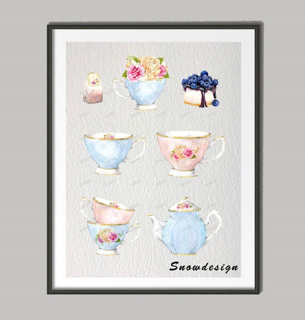 611x640 Original Watercolor Teapot Cake Wall Art Canvas Painting Kitchen - Watercolor Teapot