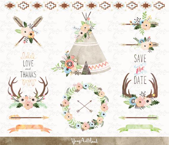 570x488 Watercolor Floral Tribal, Floral Teepee Clip Art, Floral Antlers - Watercolor Teepee