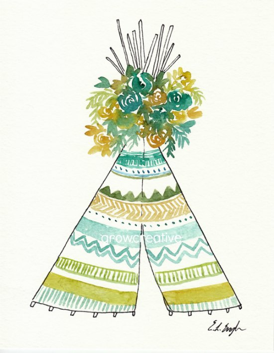 550x710 Watercolor Teepee, Original Painting, Floral Art, Boho Art, Boho - Watercolor Teepee