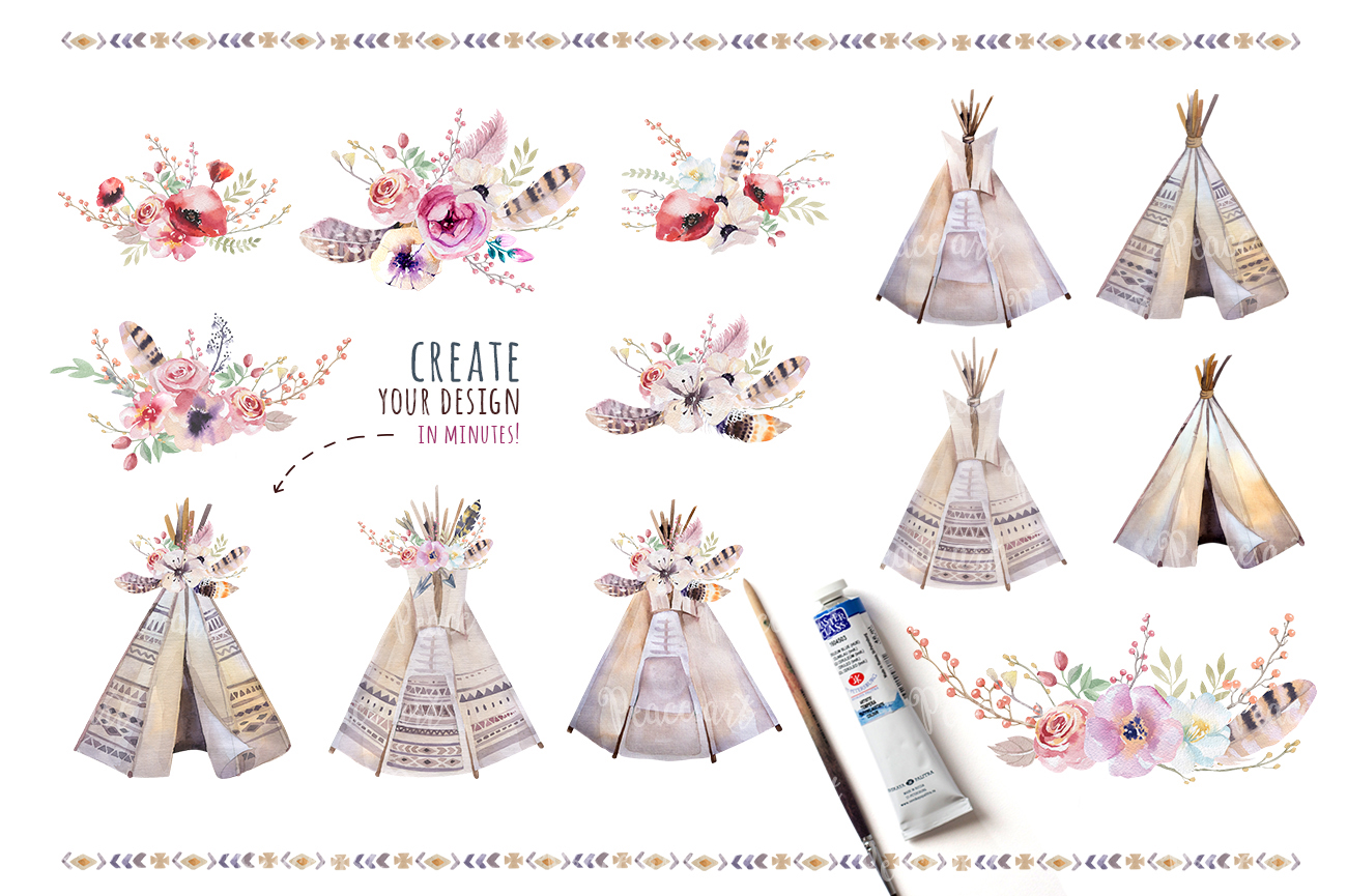 1300x865 Watercolor Boho Teepee Amp Bouquets - Watercolor Teepee