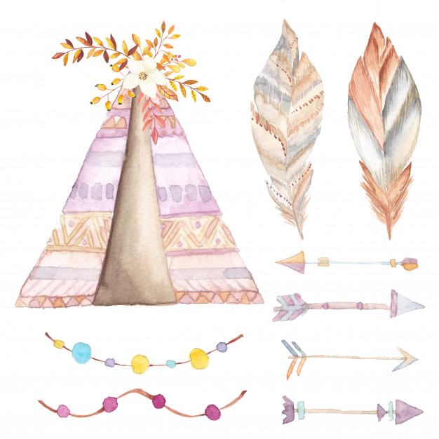 626x626 Watercolor Teepee, Ethnic Arrows And Flowers Set Vector Premium - Watercolor Teepee