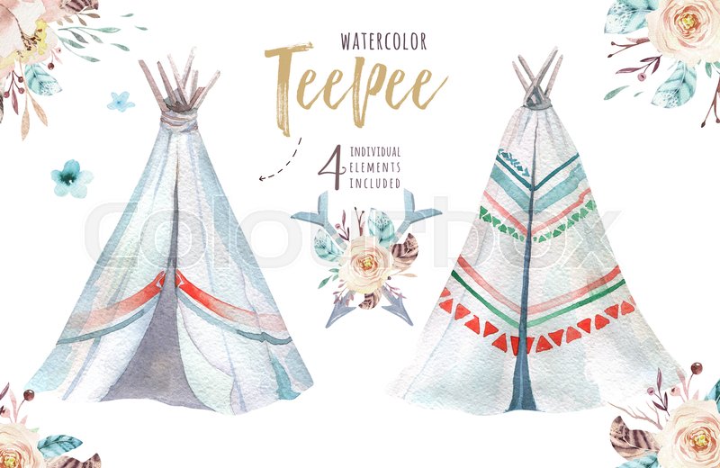 800x520 Watercolor Teepee Illustration. Watercolour Bohemian Organic - Watercolor Teepee