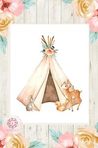 200x300 Boho Nursery Print Wall Art Teepee Deer Bunny Feathers Watercolor - Watercolor Teepee
