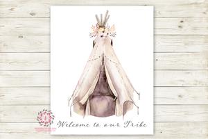 300x200 Boho Welcome To Our Tribe Print Wall Art Watercolor Teepee Floral - Watercolor Teepee