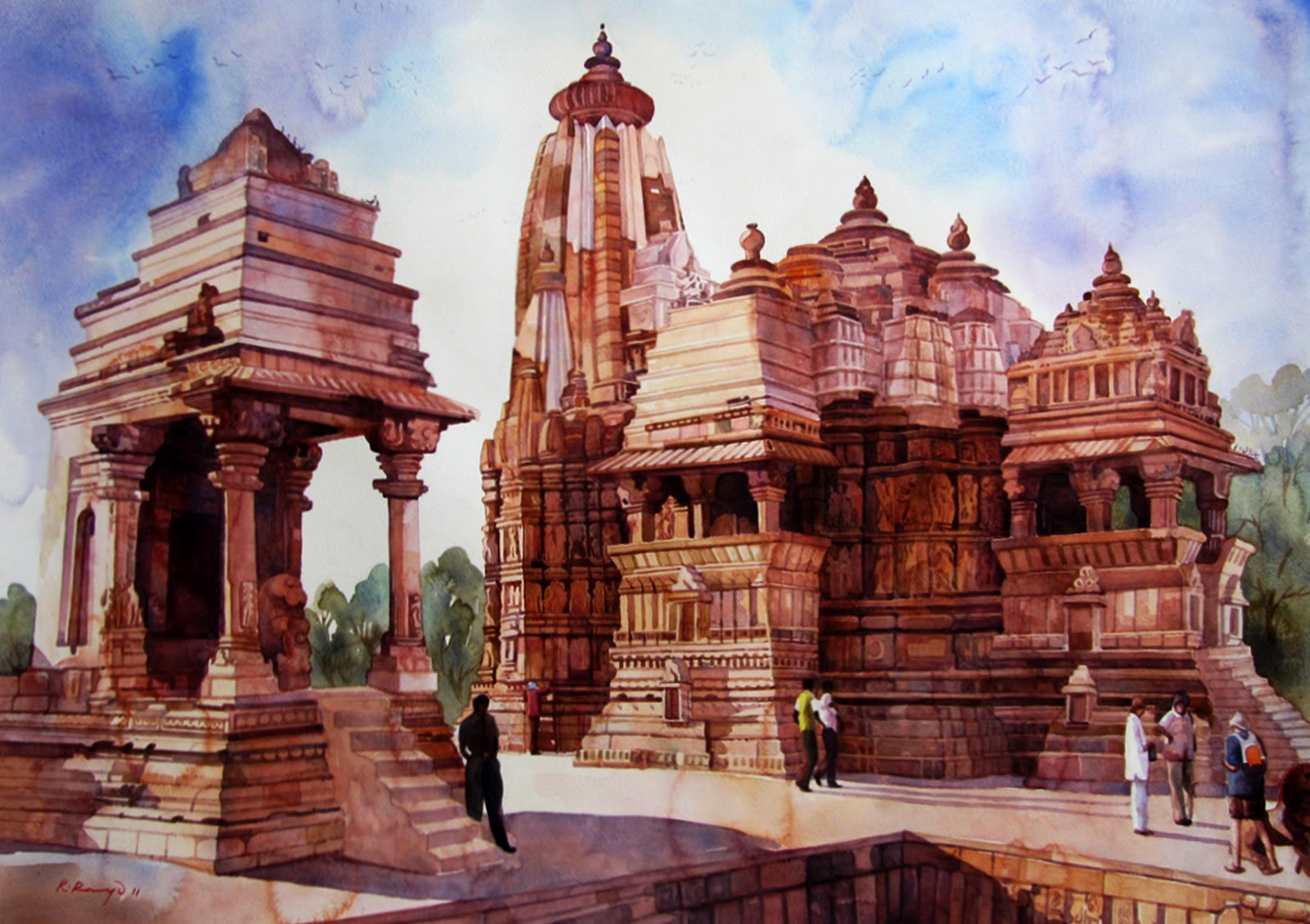 1600x1129 Artist Ragu Khajuraho Temple Watercolor Painting - Watercolor Temple