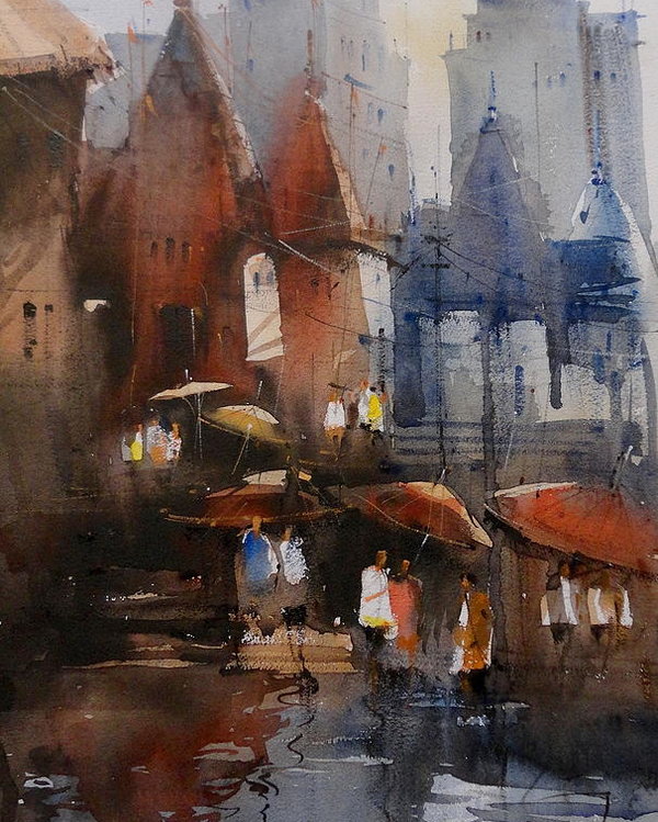 600x749 Varanasi Watercolor Temple Poster By Nitin Singh - Watercolor Temple