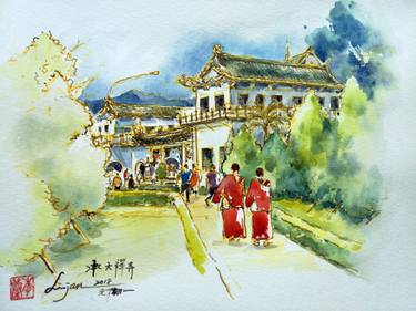 375x281 Chengtian Temple Watercolor Painting By Jan Li Saatchi Art - Watercolor Temple