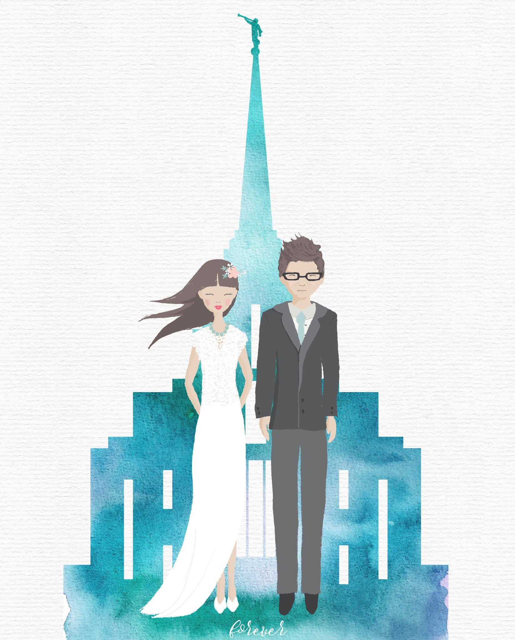 1648x2048 Watercolor Temple Wedding Portrait, Bride And Groom, Lds Wedding - Watercolor Temple