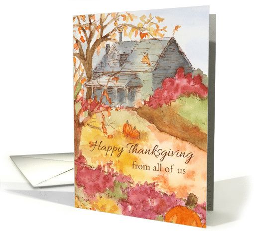 510x465 Happy Thanksgiving From All Of Us Autumn Landscape Watercolor Card - Watercolor Thanksgiving Cards