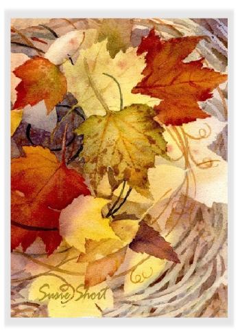 350x483 Fallen Leaves Watercolor Thanksgiving Greeting Card By Susie Short - Watercolor Thanksgiving Cards