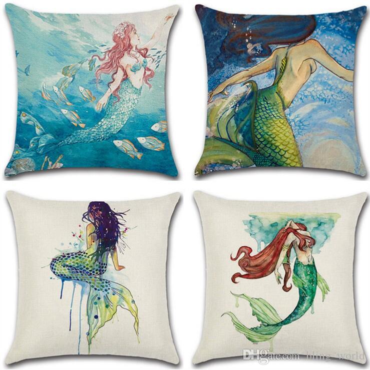 739x739 Mermaid Linen Throw Pillow Case Watercolor Decorative Pillows - Watercolor Throw Pillows