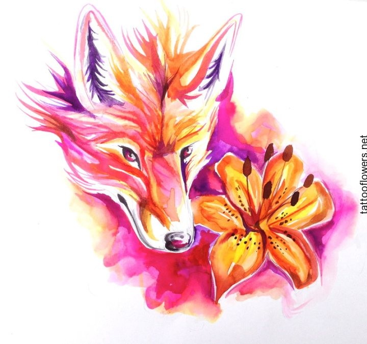 720x674 Watercolor Wolf Head And Tiger Lily Tattoo Design - Watercolor Tiger Lily