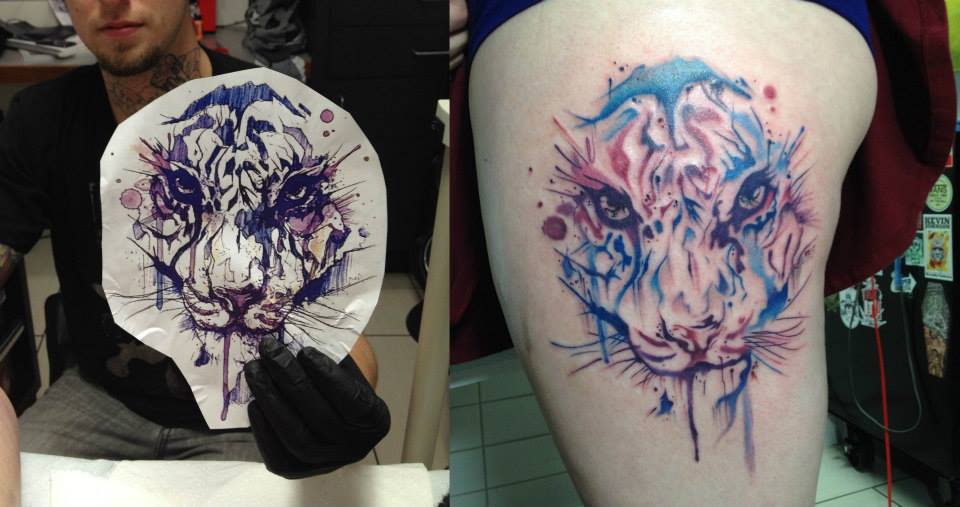 960x507 Tiger Head Watercolor Tattoo On Left Side - Watercolor Tiger Tattoo