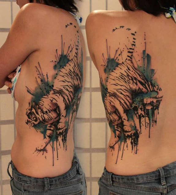 575x636 Walking Watercolor Tiger Tattoo Design For Back - Watercolor Tiger Tattoo