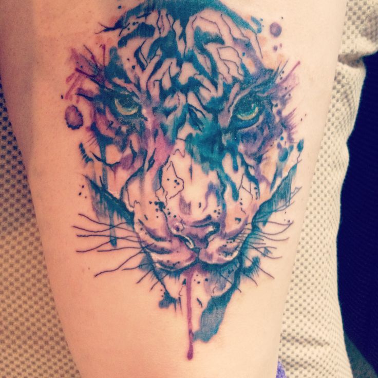 736x736 Watercolor Tiger Tattoo On Thigh - Watercolor Tiger Tattoo