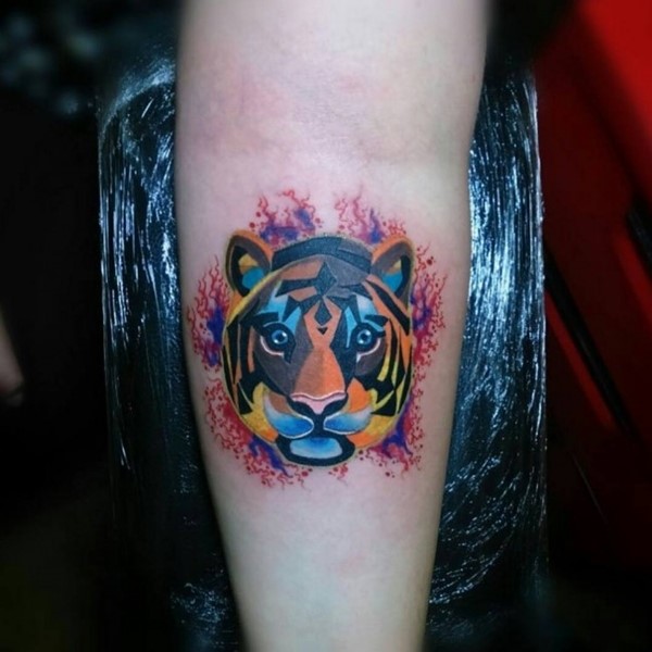 600x600 Abstract Watercolor Tiger Head Tattoo On Arm - Watercolor Tiger Tattoo
