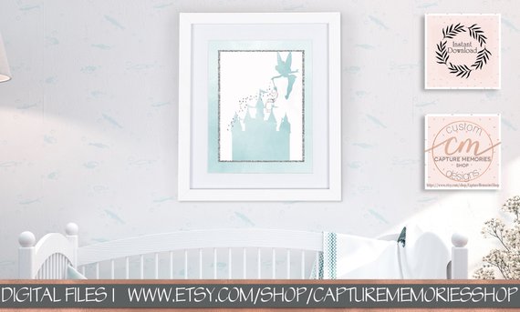 570x343 Disney Castle Print, Tinkerbell, Fairy, Castle, Girls Nursery Art - Watercolor Tinkerbell