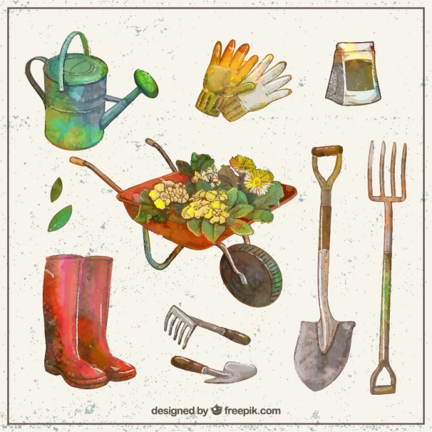 626x626 Watercolor Gardening Tools Collection Vector Free Download - Watercolor Tools