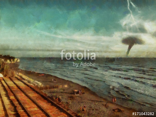 500x375 Tornado And Lightning In The Ocean. Modern Art. The Oncoming Storm - Watercolor Tornado
