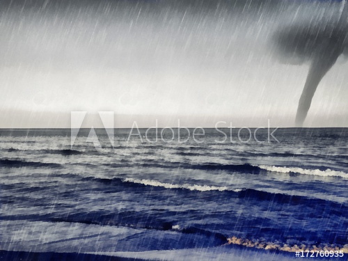 500x375 View Of Storm Seascape With Lightning. Tornado In Ocean. Storm - Watercolor Tornado