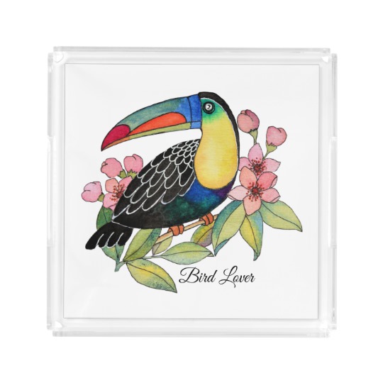 540x540 Watercolor Toucan Bird With Flowers Acrylic Tray - Watercolor Toucan