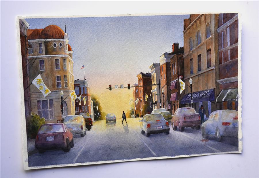 900x618 Morning In Town By Judy Mudd - Watercolor Town